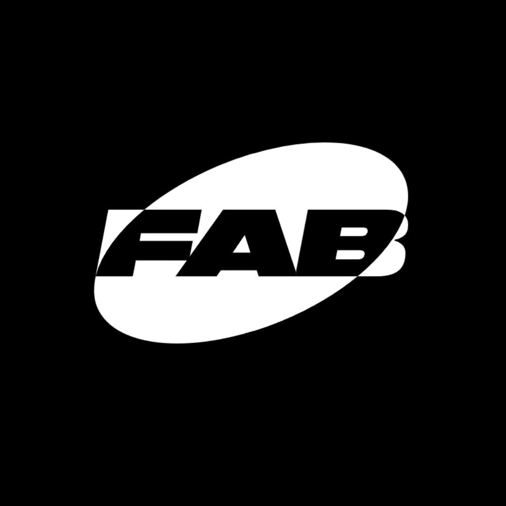 White 'FAB' logo on a black background taking you to the FAB store
